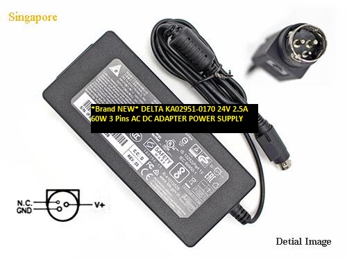 *Brand NEW* DELTA 3 Pins KA02951-0170 24V 2.5A 60W AC DC ADAPTER POWER SUPPLY